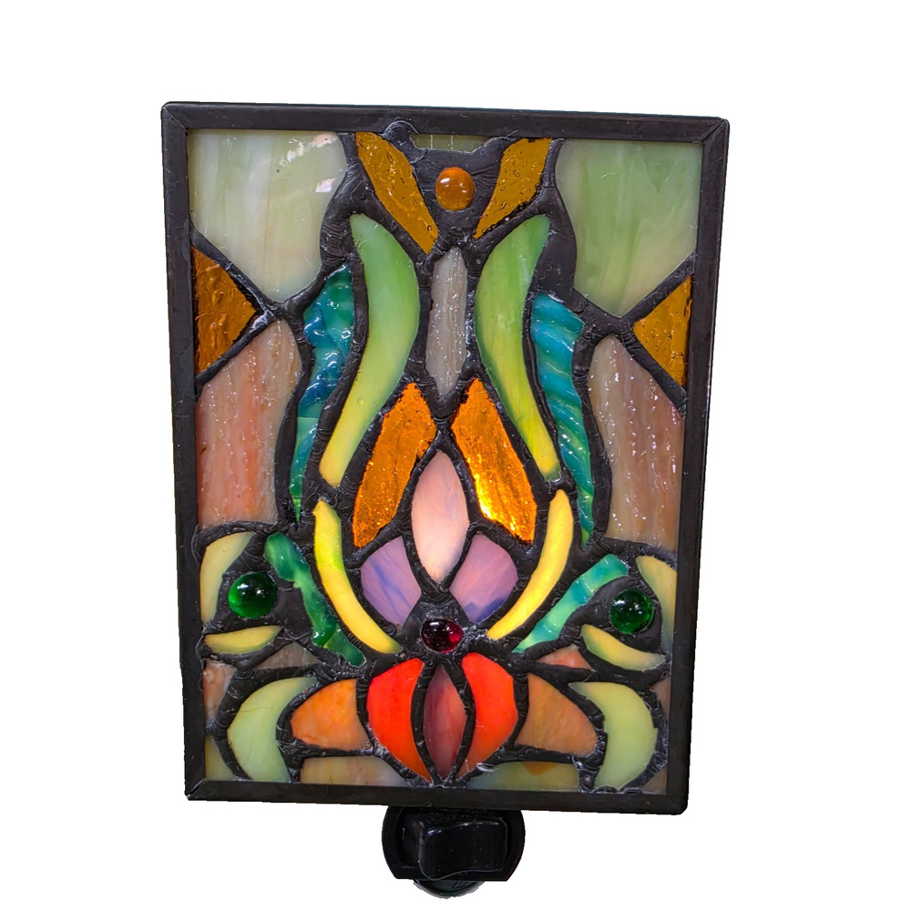 Tiffany Style Stained Glass Floral Plug In Night Light Greens Works Read Damaged